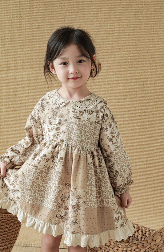 Fleur Crochet Collar Dress, Mocha Floral Patchwork