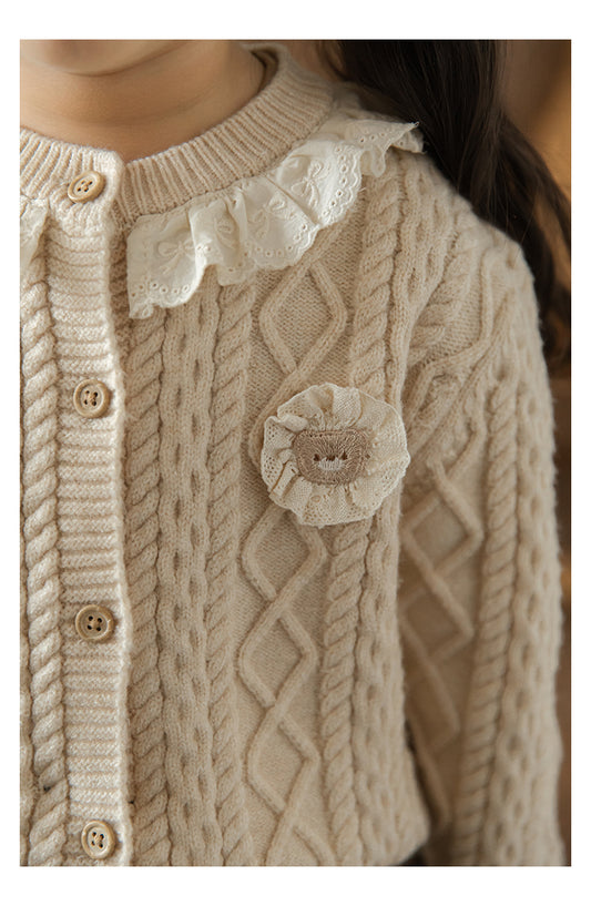 Bear Appliqué Lace Detail Cardigan, Oat