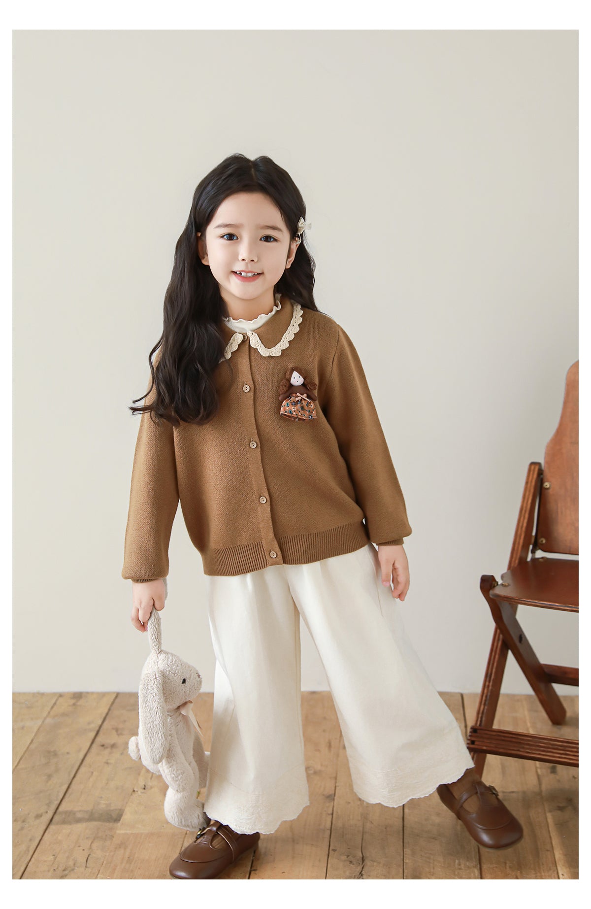 Crochet Collar Doll Appliqué Cardigan, Caramel
