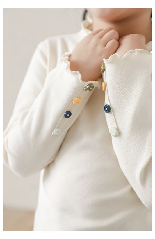 Button Embellished Frill Trim Top, Ivory