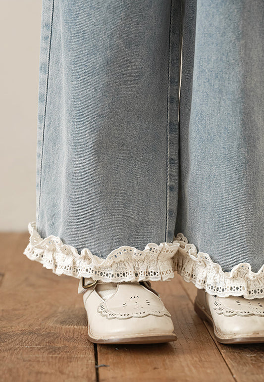 Straight Leg Lace Hem Jeans, Light Blue