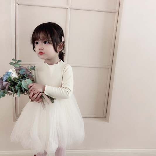 Layered Mesh Tulle Dress, Cream