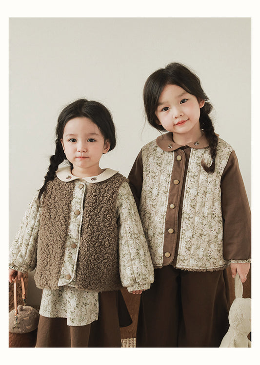 Reversible Faux Shearling Quilted Jacket, Brown Floral