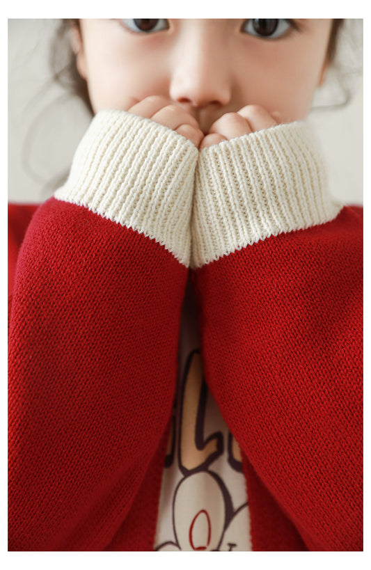 Bow Embroidered Contrast Knit Cardigan, Berry Red