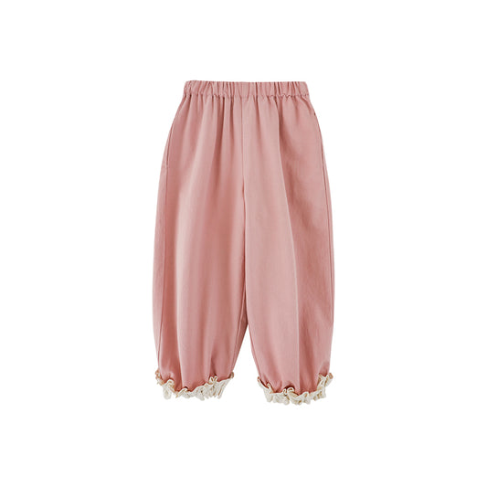 Girls’ lightweight pink cotton trousers with elastic waist and lace hem by Ava & Bear London