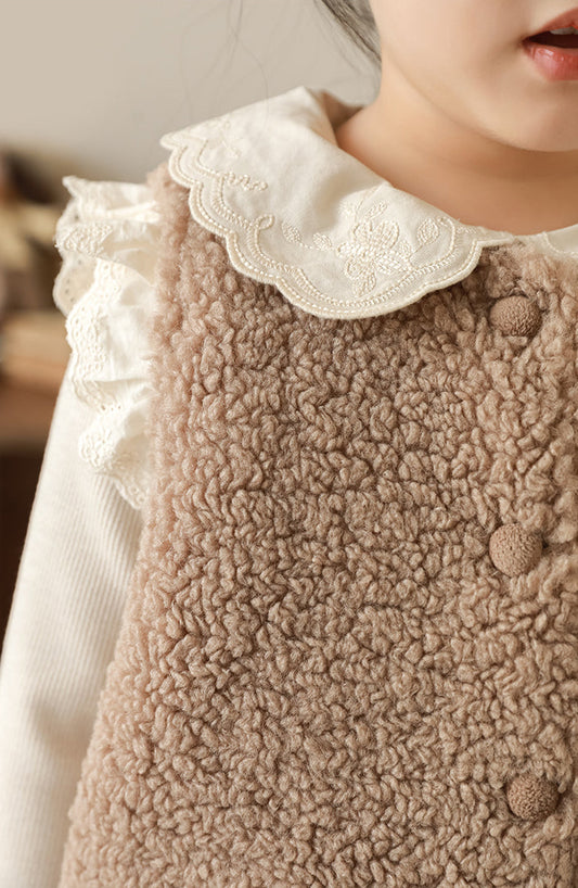 Lace Trim Pile Gilet, Latte Brown