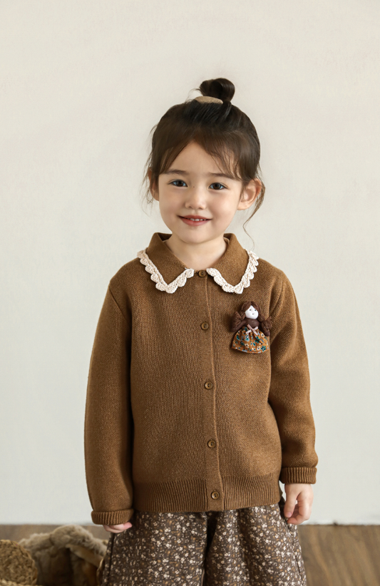 Crochet Collar Doll Appliqué Cardigan, Caramel