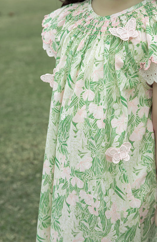 Ivy Butterfly Appliqué Dress, Green Floral