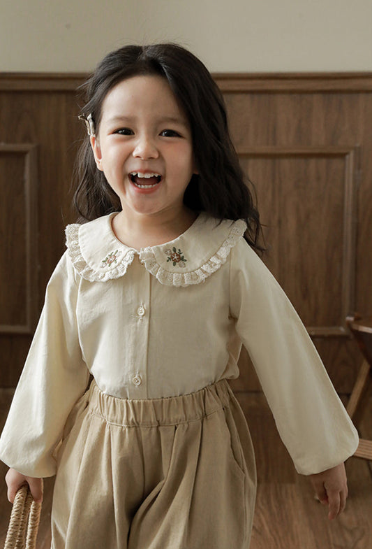 Embroidered Collar Button-Front Blouse, Oat